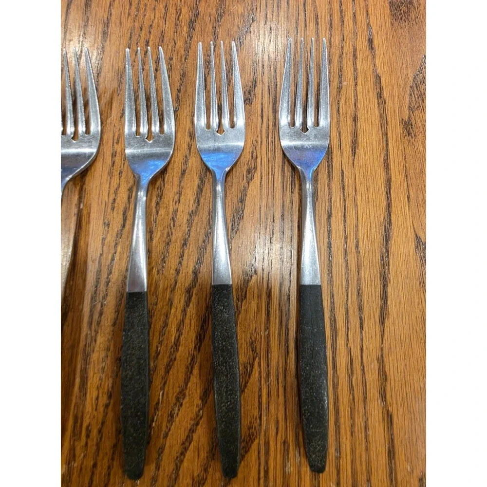 Lot of 5 Kingston Small Forks Black Handle Japan Stainless Faux Wood